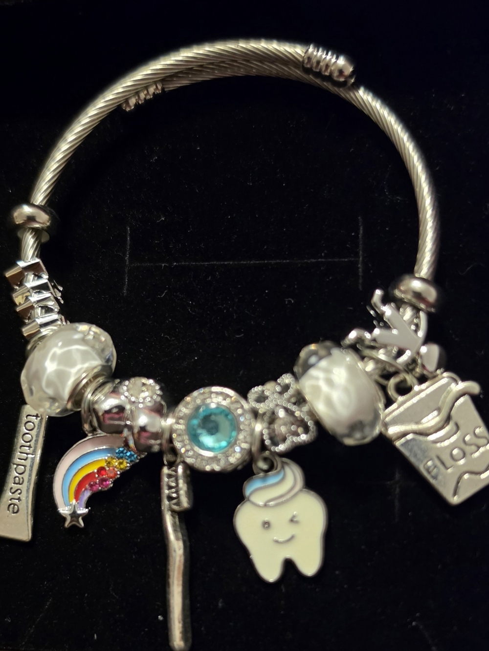 Silver Tooth & Toothpaste Charm Bracelet with Rainbow and Tooth Charms